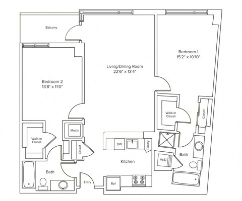 Floor plan for 2 beds, 2 baths, 1175 sqft